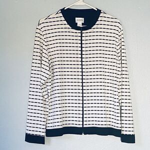 Chicos Travelers Jacket 2 Large White Black Full Zip Slinky Pockets Capsule USA